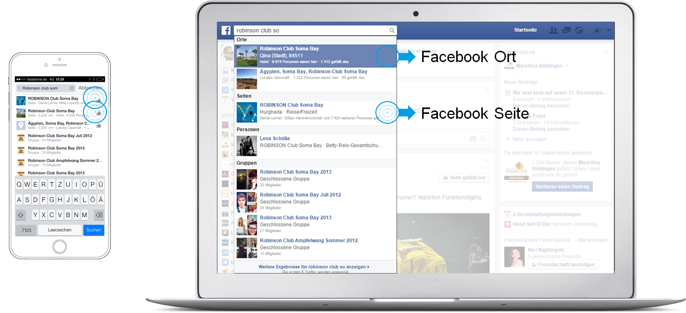 Facebook Places - Beispiel Search Robinson Club Soma Bay desktop und mobil